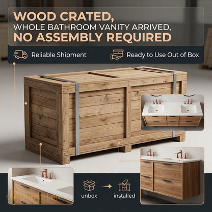 60''-96'' Modern Bathroom Vanity with Sink Oak Wood Grain Floating Drawers Countertop