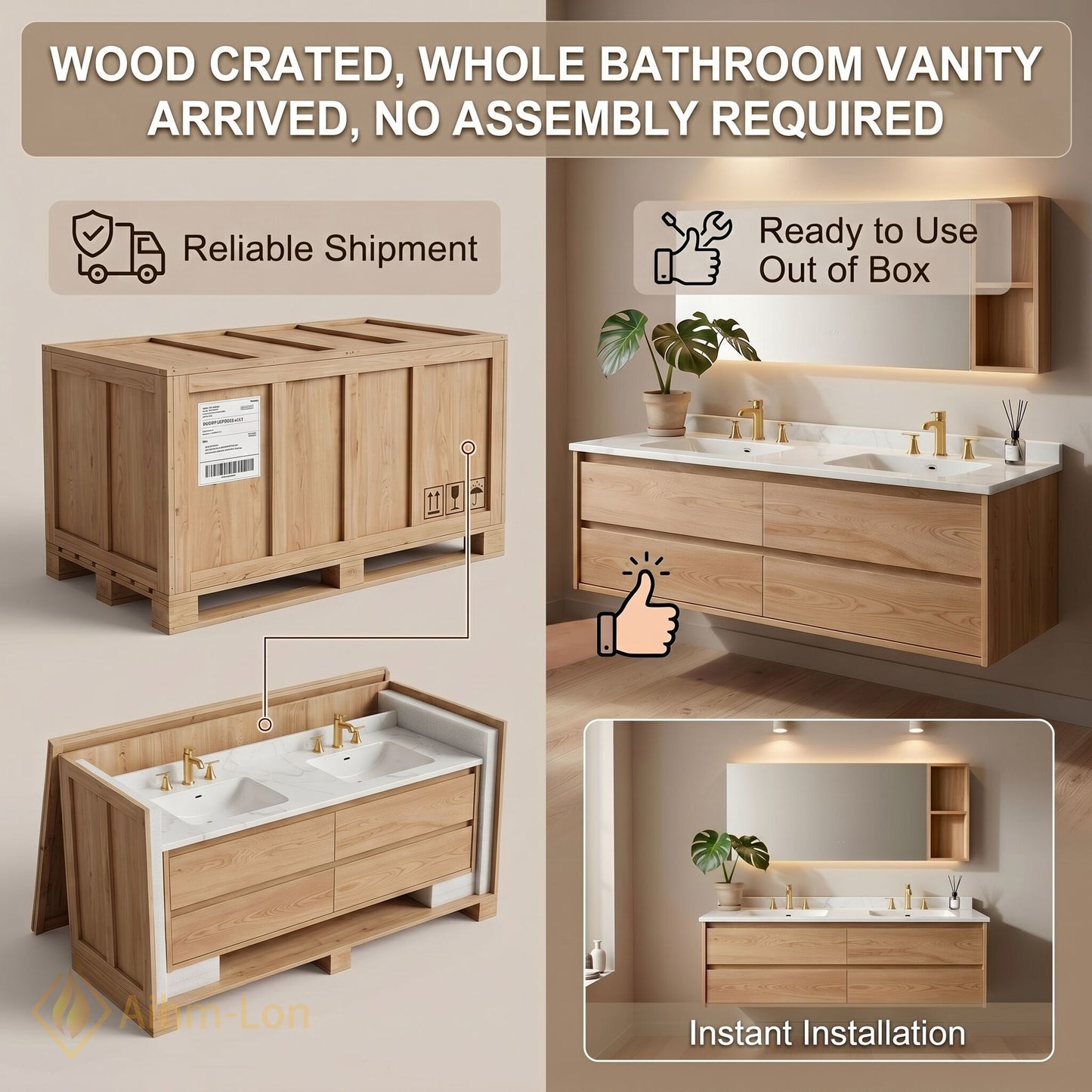 60''-96'' Modern Bathroom Vanity with Sink Floating Marble Wooden Frame Anti-Fog Mirror