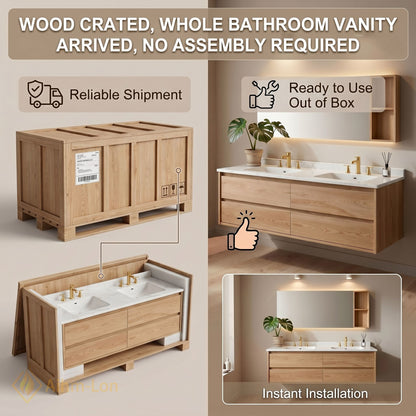 60''-96'' Modern Bathroom Vanity with Sink Floating Marble Wooden Frame Anti-Fog Mirror
