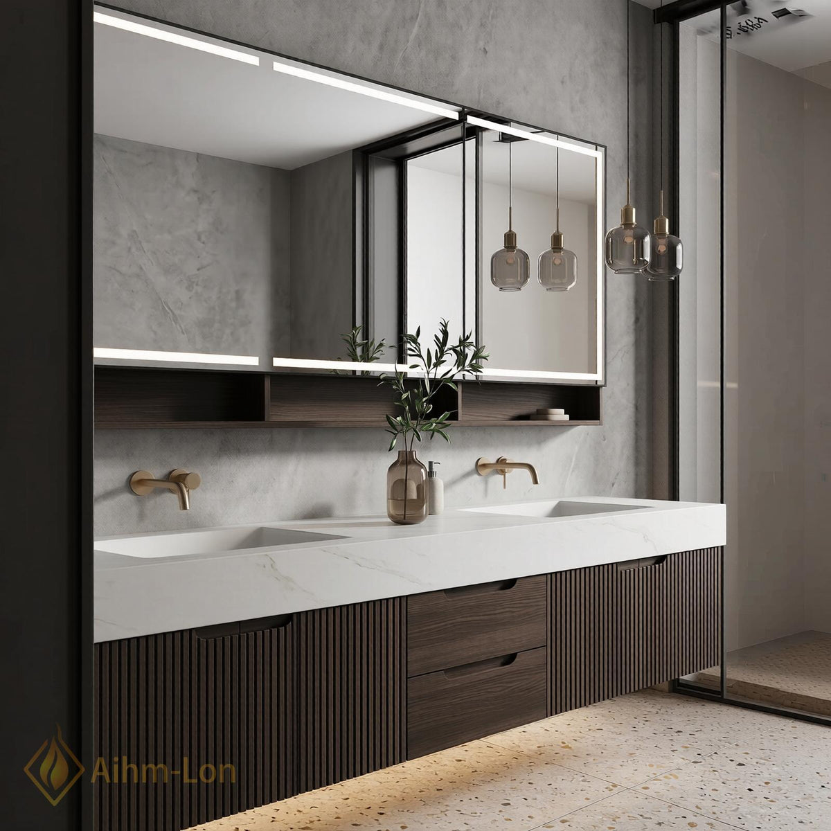 60''-96'' Bathroom Vanity with Sink Modern Floating Two Dark Walnut Finish Slatted