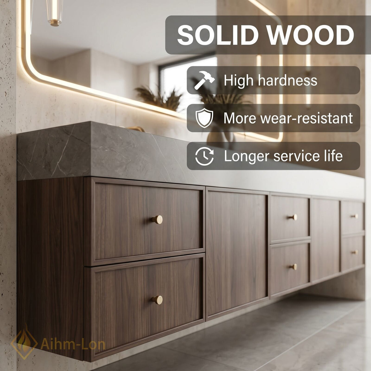 60''-96'' Double Bathroom Vanity with Sink Dark Walnut Slatted Center Deep Drawers
