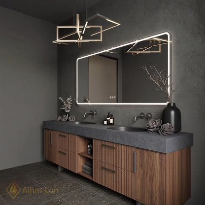 72''-96'' Double Bathroom Vanity with Sink Dark Walnut Slatted Center Open Shelving