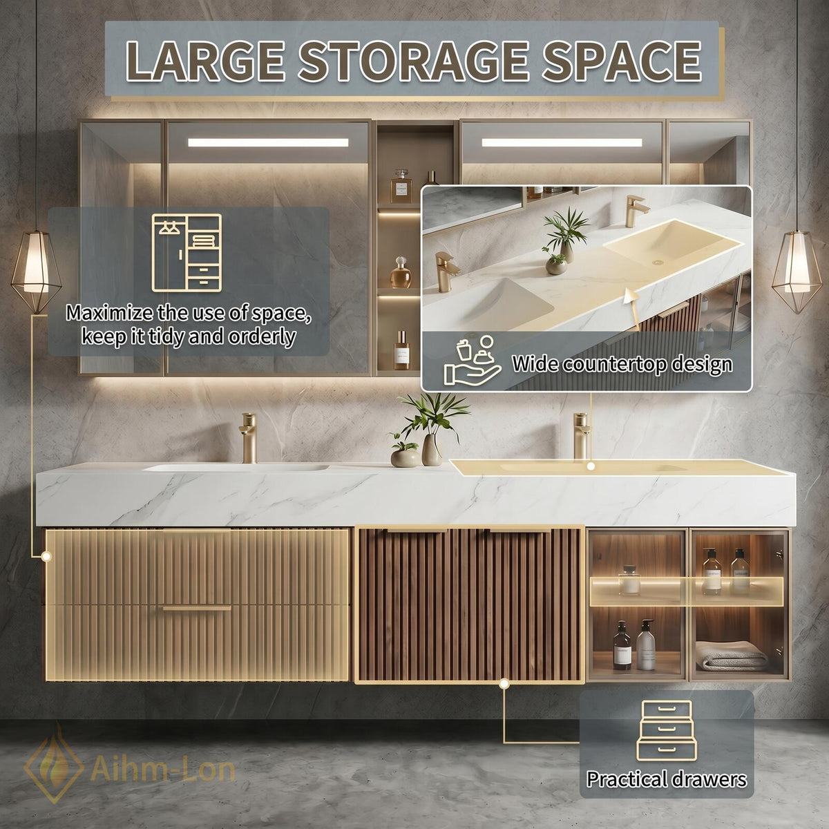 60''-96'' Double Bathroom Vanity with Sink Floating Slatted Wood Front Marble-Style Top