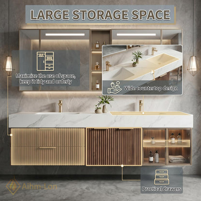 60''-96'' Double Bathroom Vanity with Sink Floating Slatted Wood Front Marble-Style Top