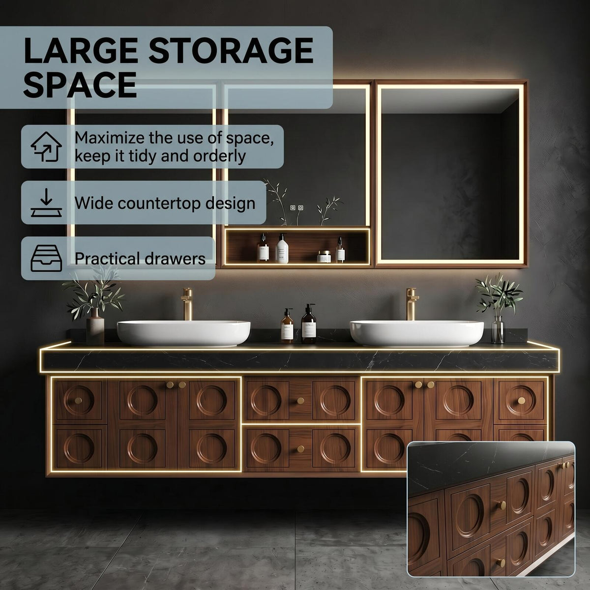 60''-96'' Modern Floating Bathroom Vanity with Sink Dark Stone Top Generous Storage