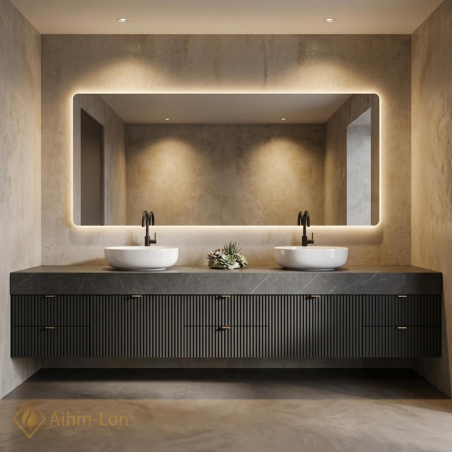 70''-96'' Double Bathroom Vanity with Sink Dark Modern Floating Slatted-Panels Stone
