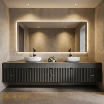 70''-96'' Double Bathroom Vanity with Sink Dark Modern Floating Slatted-Panels Stone