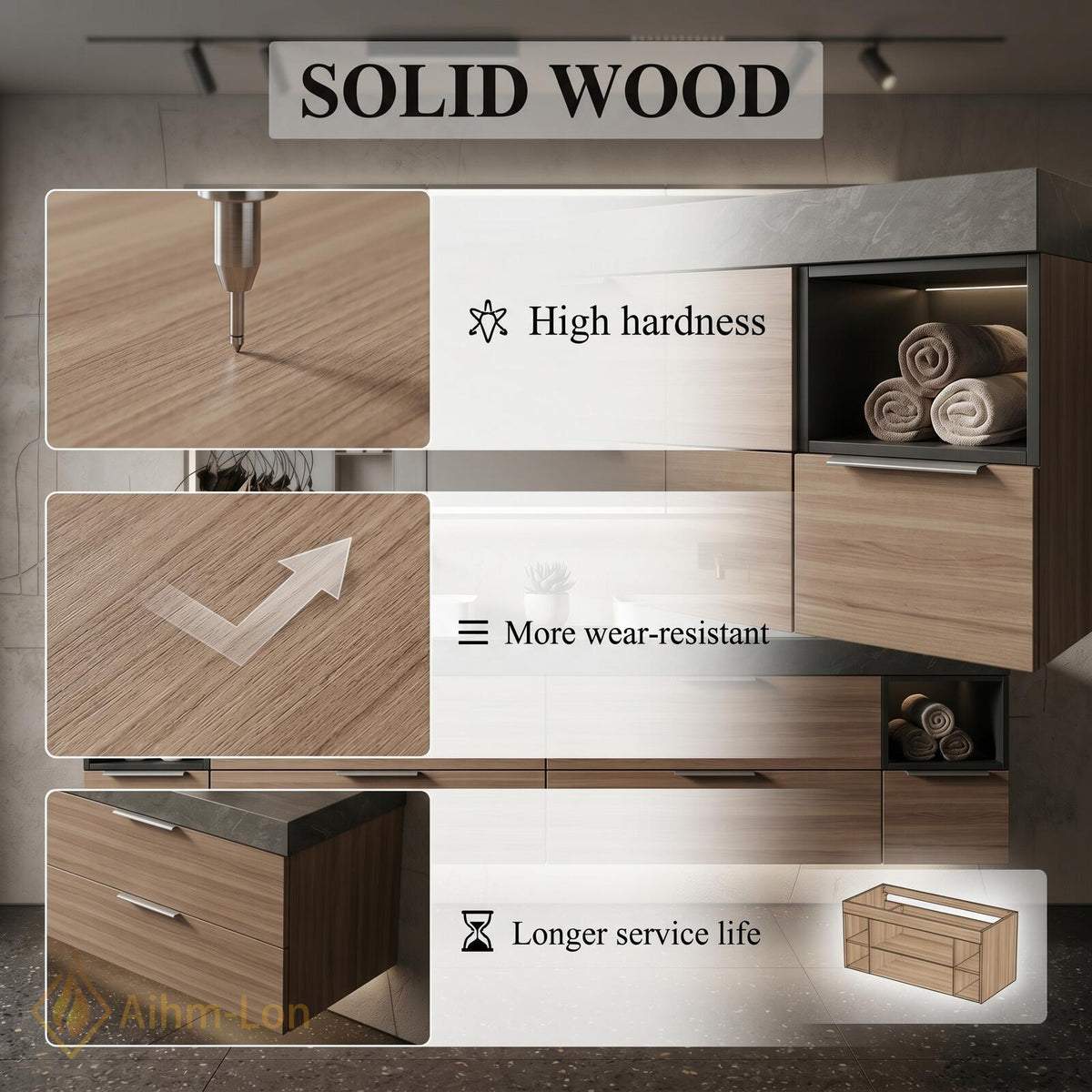 60''-96'' Double Bathroom Vanity with Sink Floating Dark Stone Top Wide Drawers