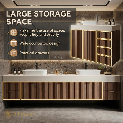 76''-96'' Double Bathroom Vanity with Sink Floating Double Walnut Finish with