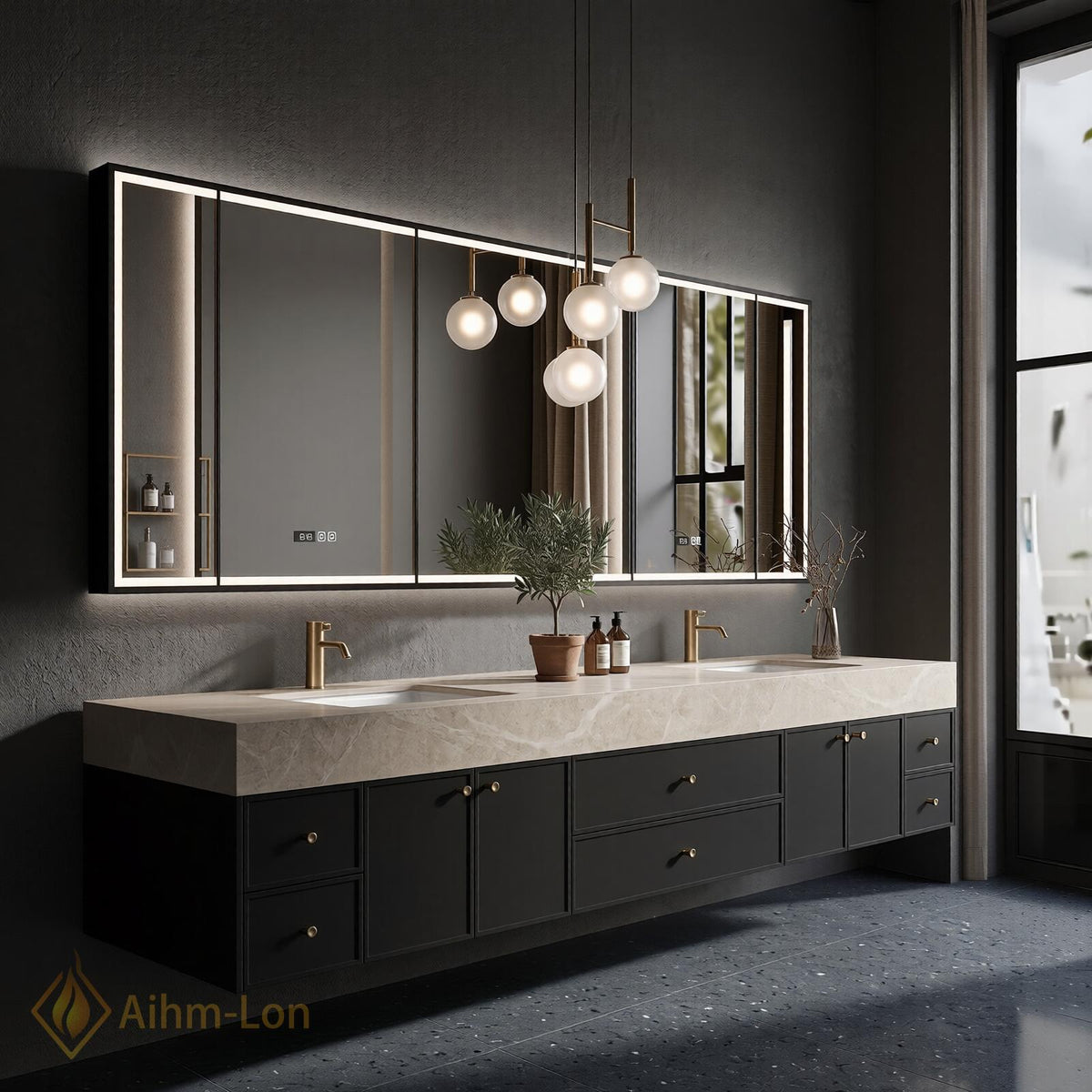 60''-96'' Double Bathroom Vanity with Sink Long Dark Matte Finish Stone Top