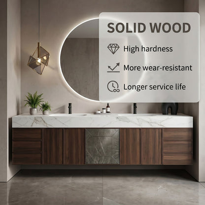 78''-96'' Modern Bathroom Vanity with Sink Double Sink Dark Wood Frame Round Mirror Cabinet