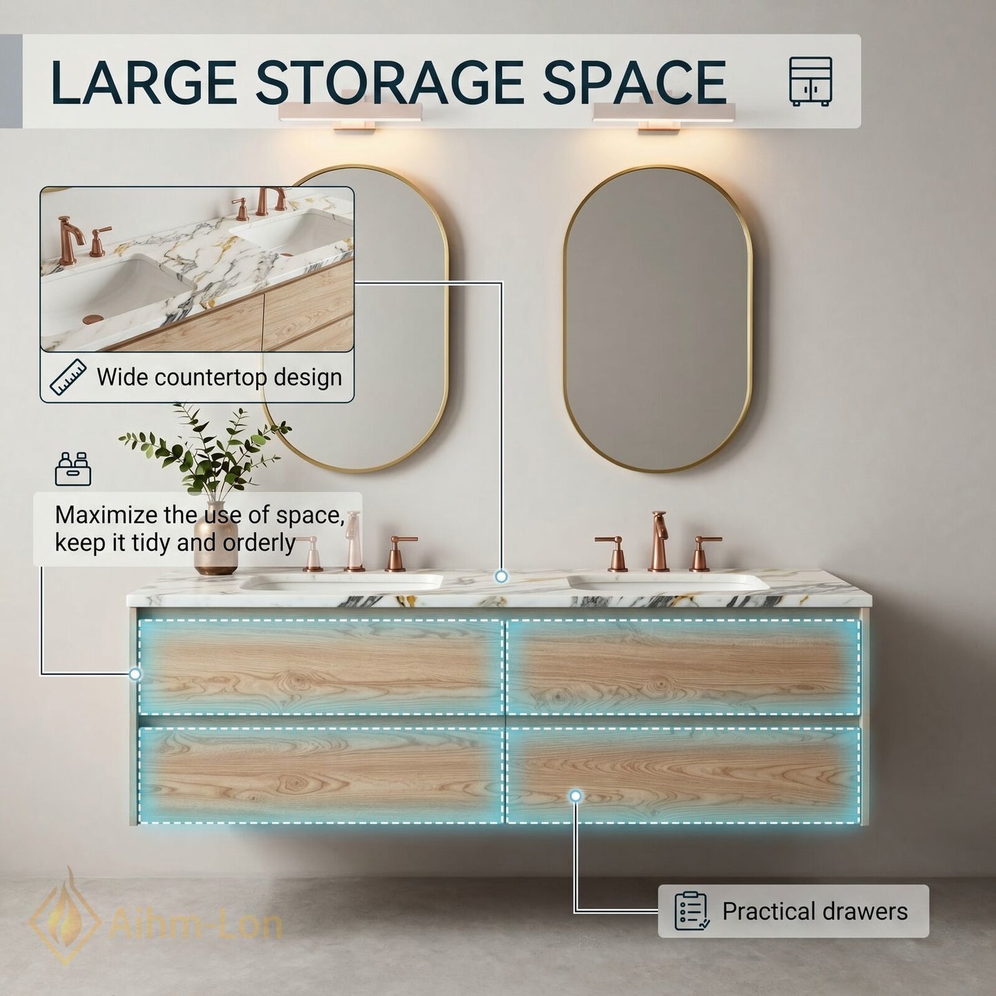 60''-96'' Modern Bathroom Vanity with Sink Floating Wood Grain White Marble Gold Mirror