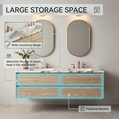 60''-96'' Modern Bathroom Vanity with Sink Floating Wood Grain White Marble Gold Mirror