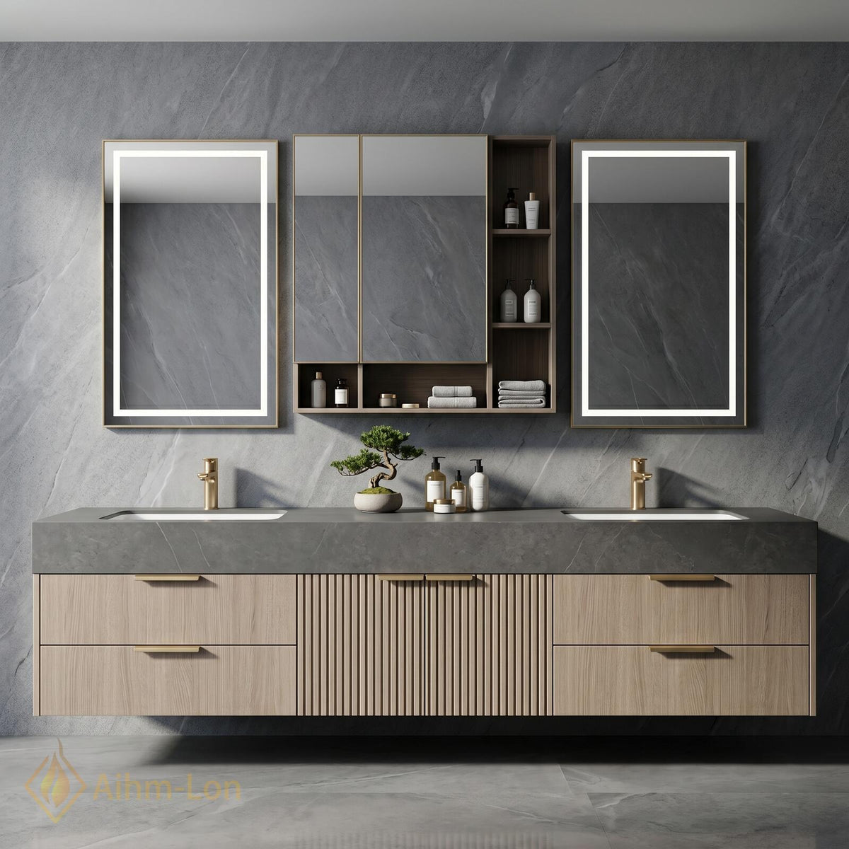 60''-96'' Modern Floating Bathroom Vanity with Sink Grey Stone Top Ribbed Doors