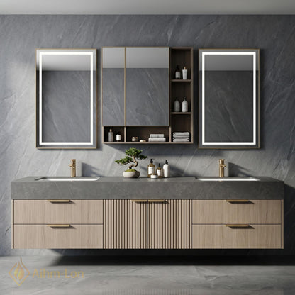 60''-96'' Modern Floating Bathroom Vanity with Sink Grey Stone Top Ribbed Doors