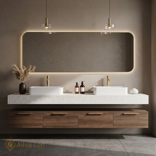 60''-96'' Double Bathroom Vanity with Sink Floating Textured Marble Top Design Smart