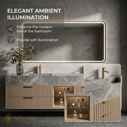 76''-96'' Double Bathroom Vanity with Sink Ridged Panel Front Grey Marble Top