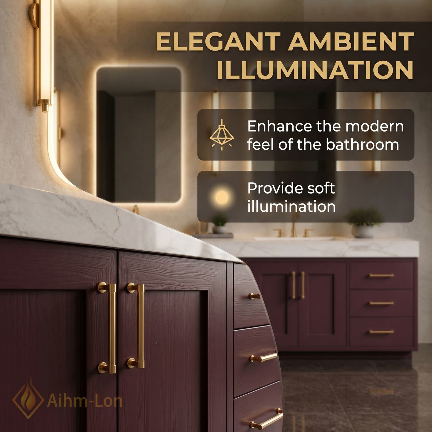 76''-96'' Double Bathroom Vanity with Sink Deep Plum Finish Integrated LED