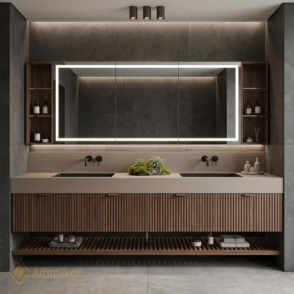 60''-96'' Double Bathroom Vanity with Sink Modern Walnut Slatted Panel Open Base Shelf