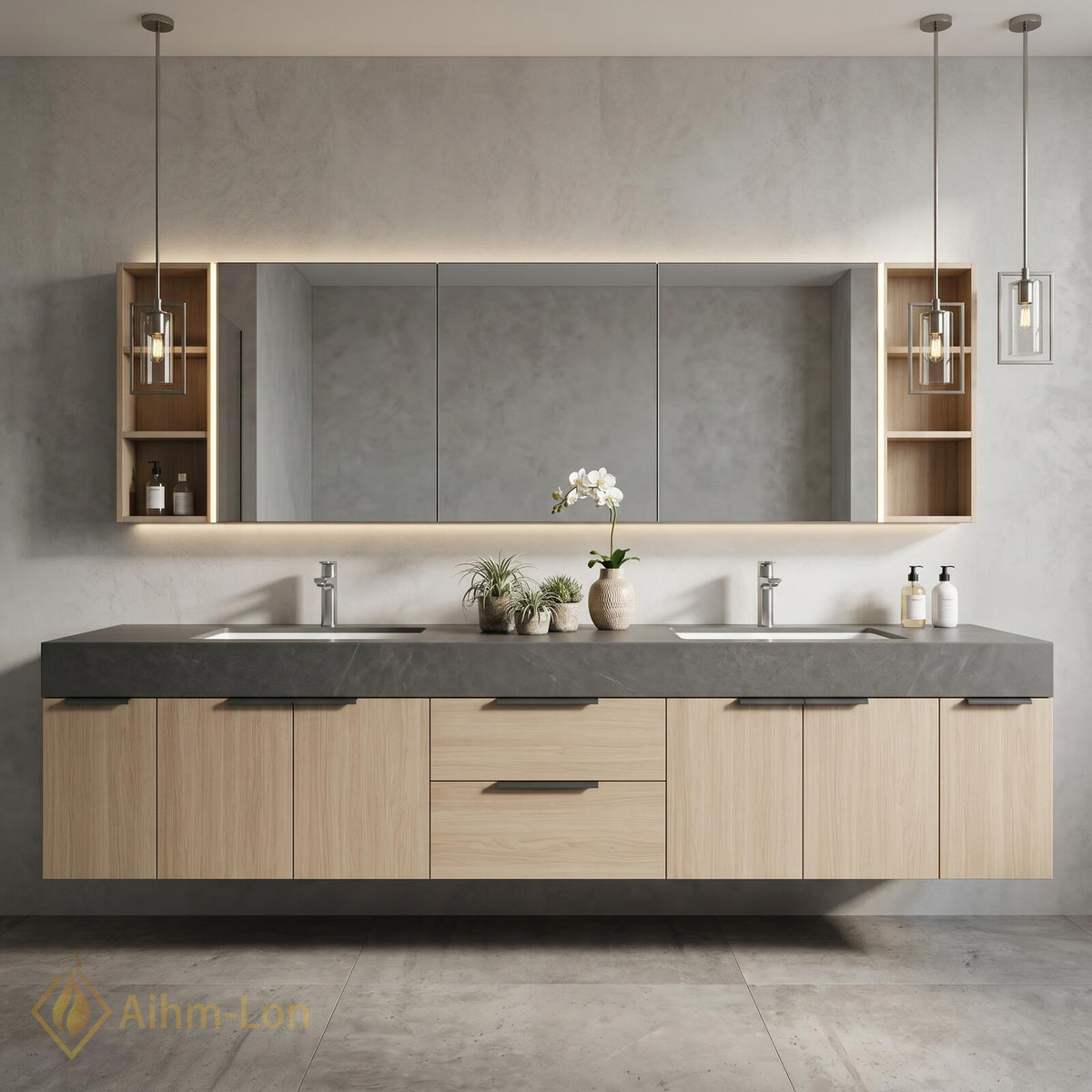 76''-96'' Double Bathroom Vanity with Sink Floating Double Concrete Open Shelving Minimalist