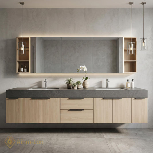 76''-96'' Double Bathroom Vanity with Sink Floating Double Concrete Open Shelving Minimalist