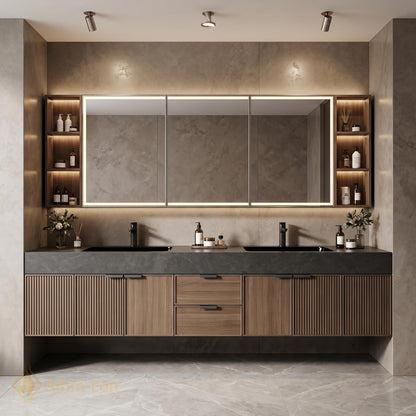 60''-96'' Double Bathroom Vanity with Sink Modern Floating Ribbed Wood Dark Stone