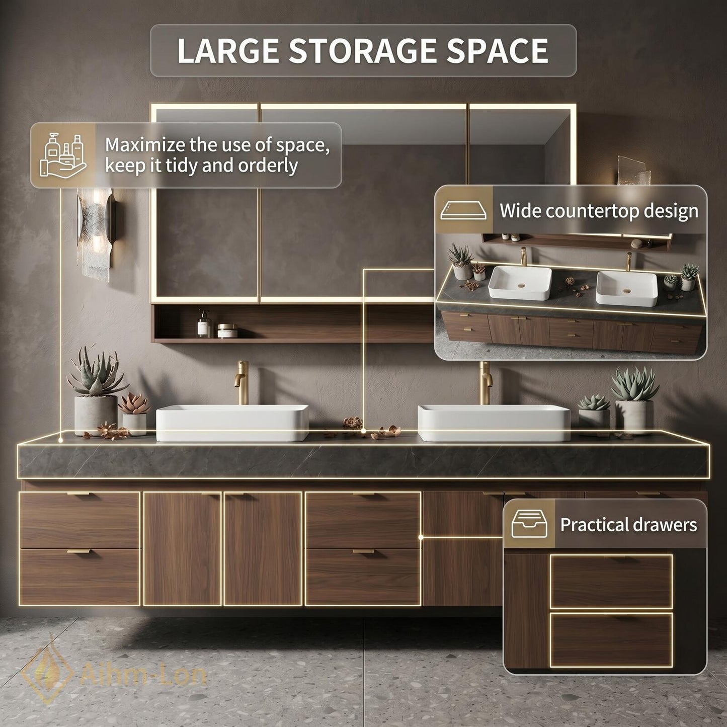 78''-96'' Double Bathroom Vanity with Sink Modern Floating Dark Wood Finish Rectangular