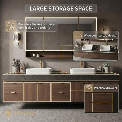 78''-96'' Double Bathroom Vanity with Sink Modern Floating Dark Wood Finish Rectangular