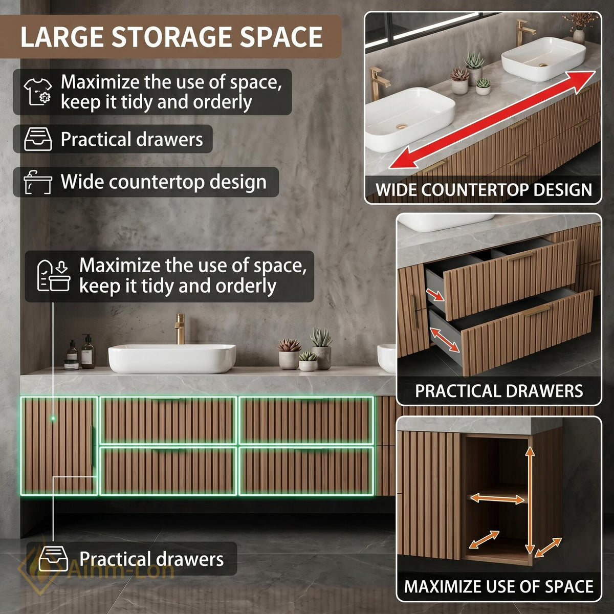60''-96'' Double Bathroom Vanity with Sink Modern Slatted Warm Wood Grain Cabinet