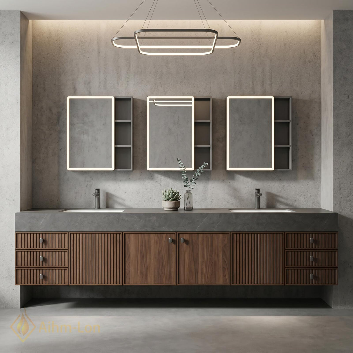 60''-96'' Double Bathroom Vanity with Sink Ribbed Dark Walnut Front Stone Top