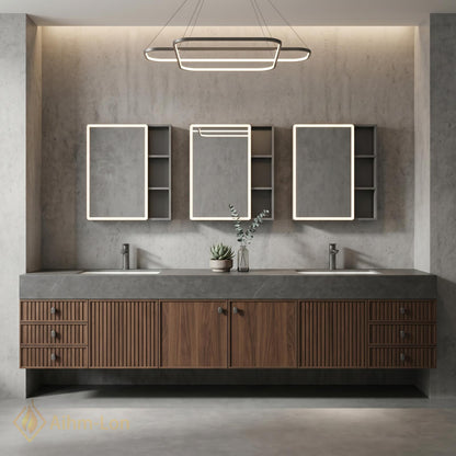 60''-96'' Double Bathroom Vanity with Sink Ribbed Dark Walnut Front Stone Top