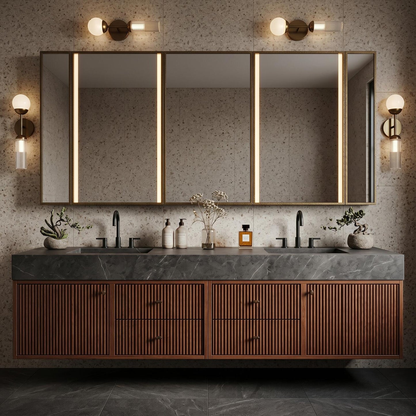 70''-96'' Modern Bathroom Vanity with Sink Double Sink Dark Stone Warm Walnut Cabinet