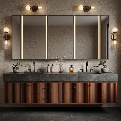 70''-96'' Modern Bathroom Vanity with Sink Double Sink Dark Stone Warm Walnut Cabinet
