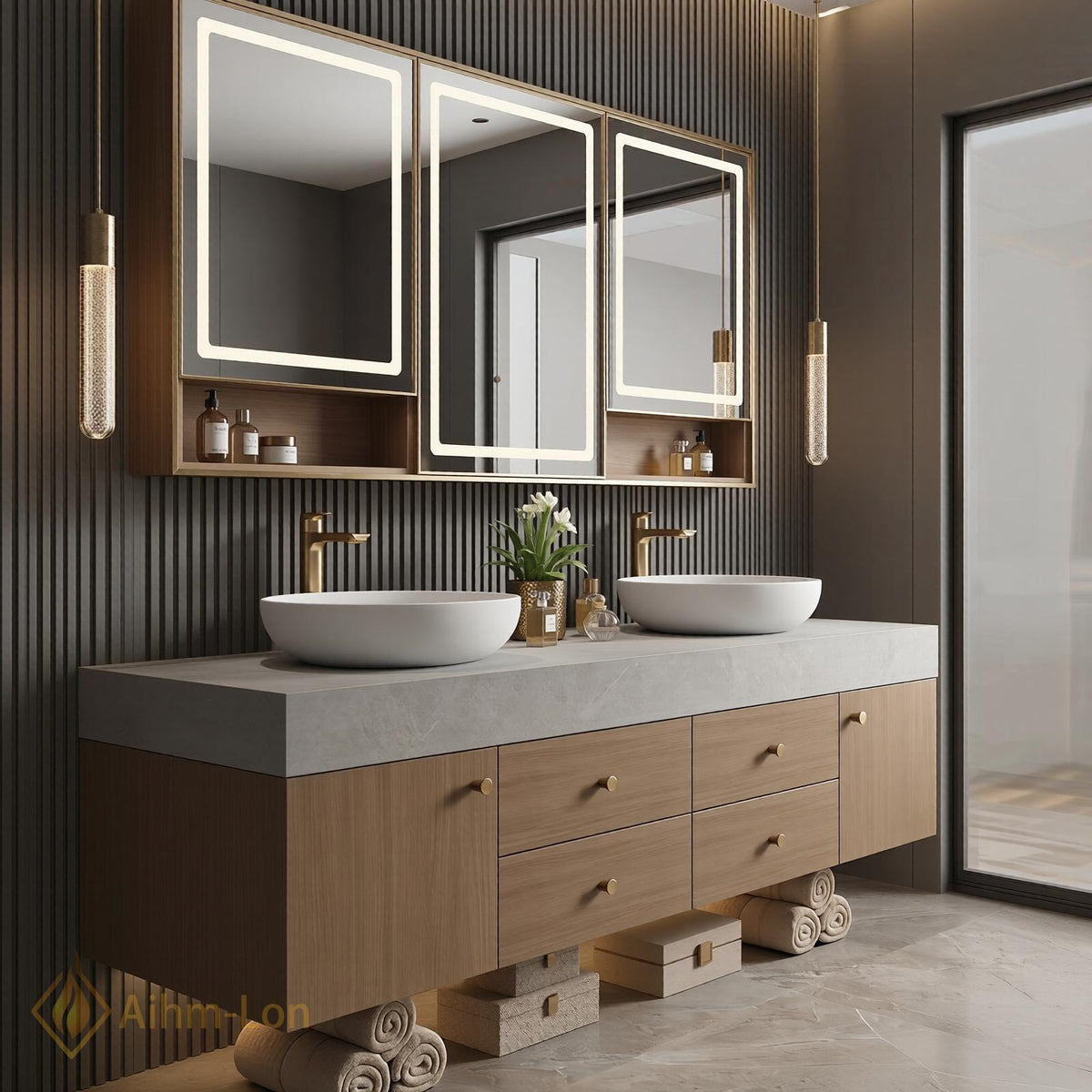 60''-96'' Double Bathroom Vanity with Sink Modern Floating Warm Wood Grain Cabinetry