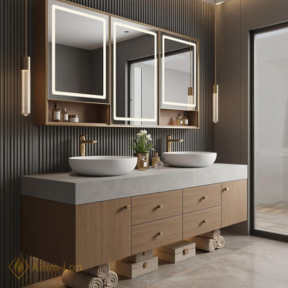 60''-96'' Double Bathroom Vanity with Sink Modern Floating Warm Wood Grain Cabinetry
