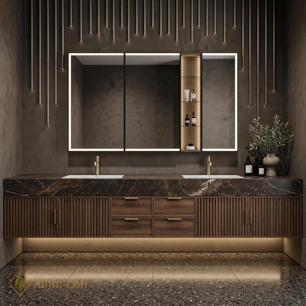 60''-96'' Double Bathroom Vanity with Sink Floating Dark Marble Slatted Center Panel