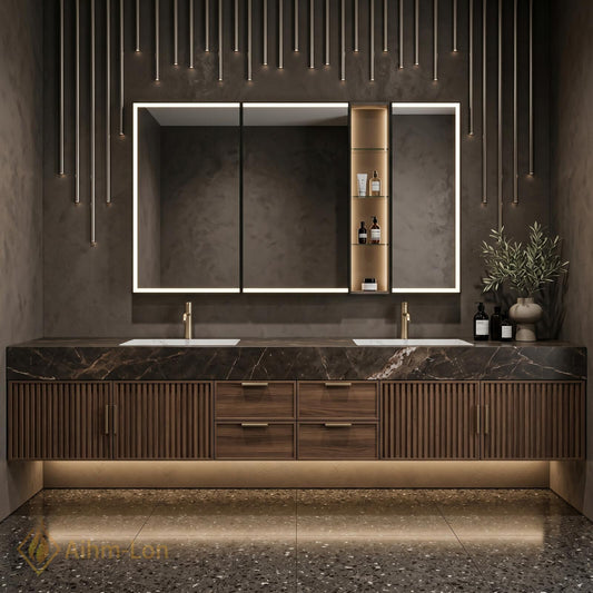 60''-96'' Double Bathroom Vanity with Sink Floating Dark Marble Slatted Center Panel