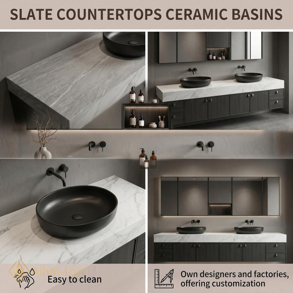 60''-96'' Double Bathroom Vanity with Sink Modern Floating Stone Top Matte Dark