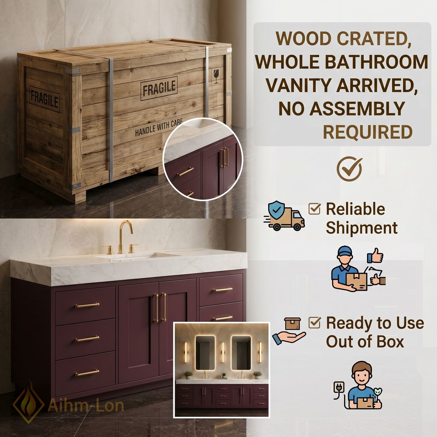 76''-96'' Double Bathroom Vanity with Sink Deep Plum Finish Integrated LED