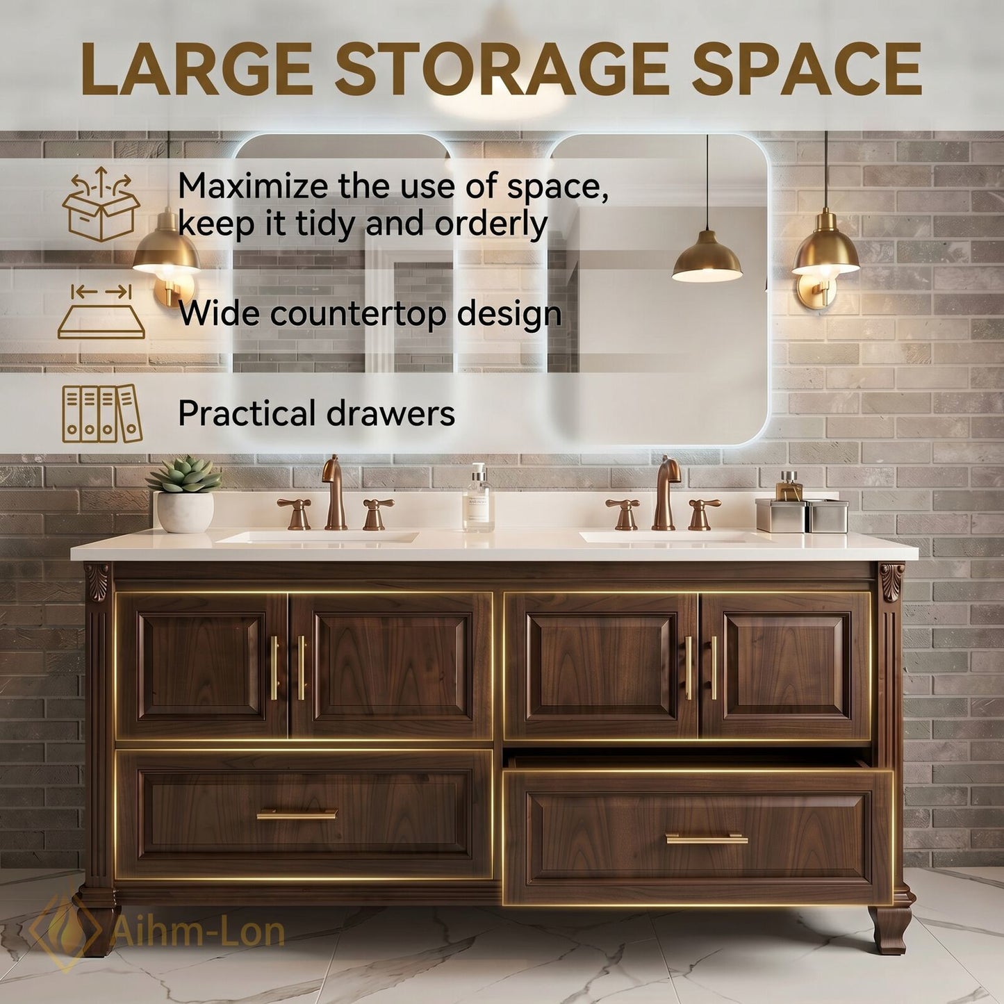 70''-96'' Modern Bathroom Vanity with Sink Dark Wood Rectangular Base Gold Drawers