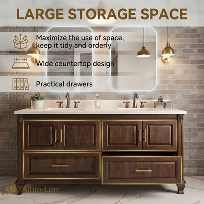 70''-96'' Modern Bathroom Vanity with Sink Dark Wood Rectangular Base Gold Drawers