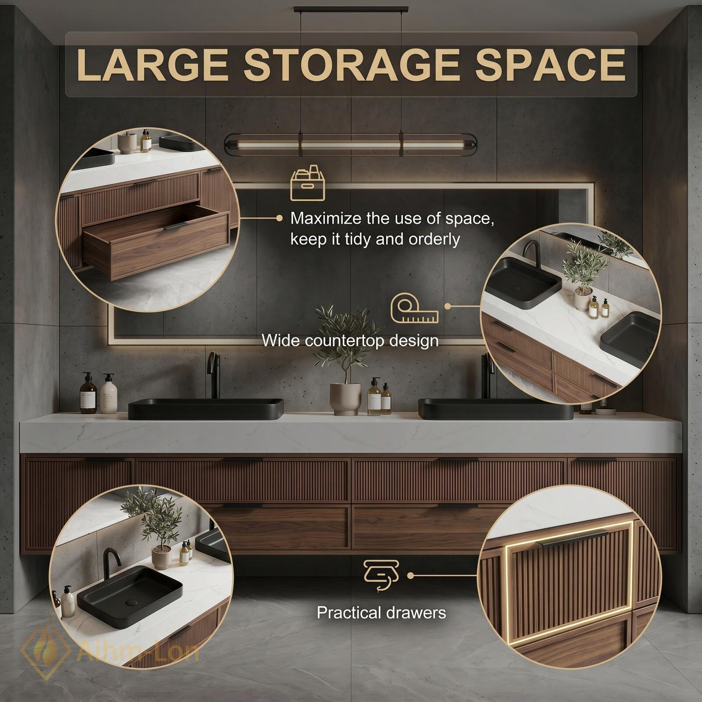 76''-96'' Double Bathroom Vanity with Sink Dark-Walnut Wood Modern Floating Basin