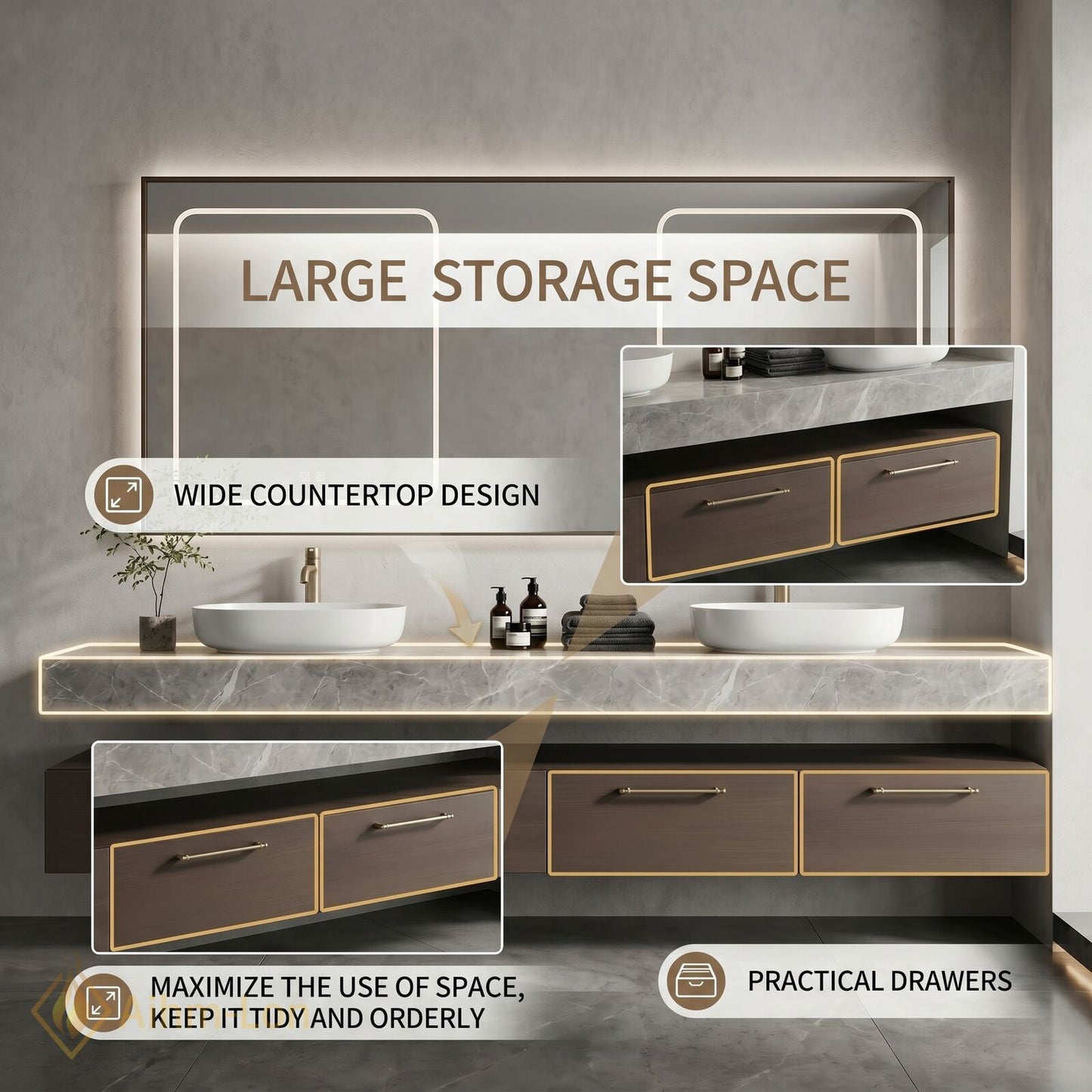 60''-96'' Double Bathroom Vanity with Sink Dark Wood Drawers Large Marble Top