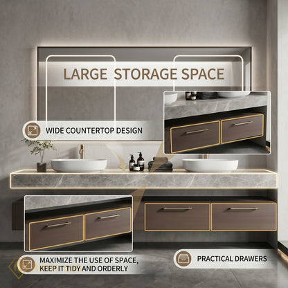 60''-96'' Double Bathroom Vanity with Sink Dark Wood Drawers Large Marble Top