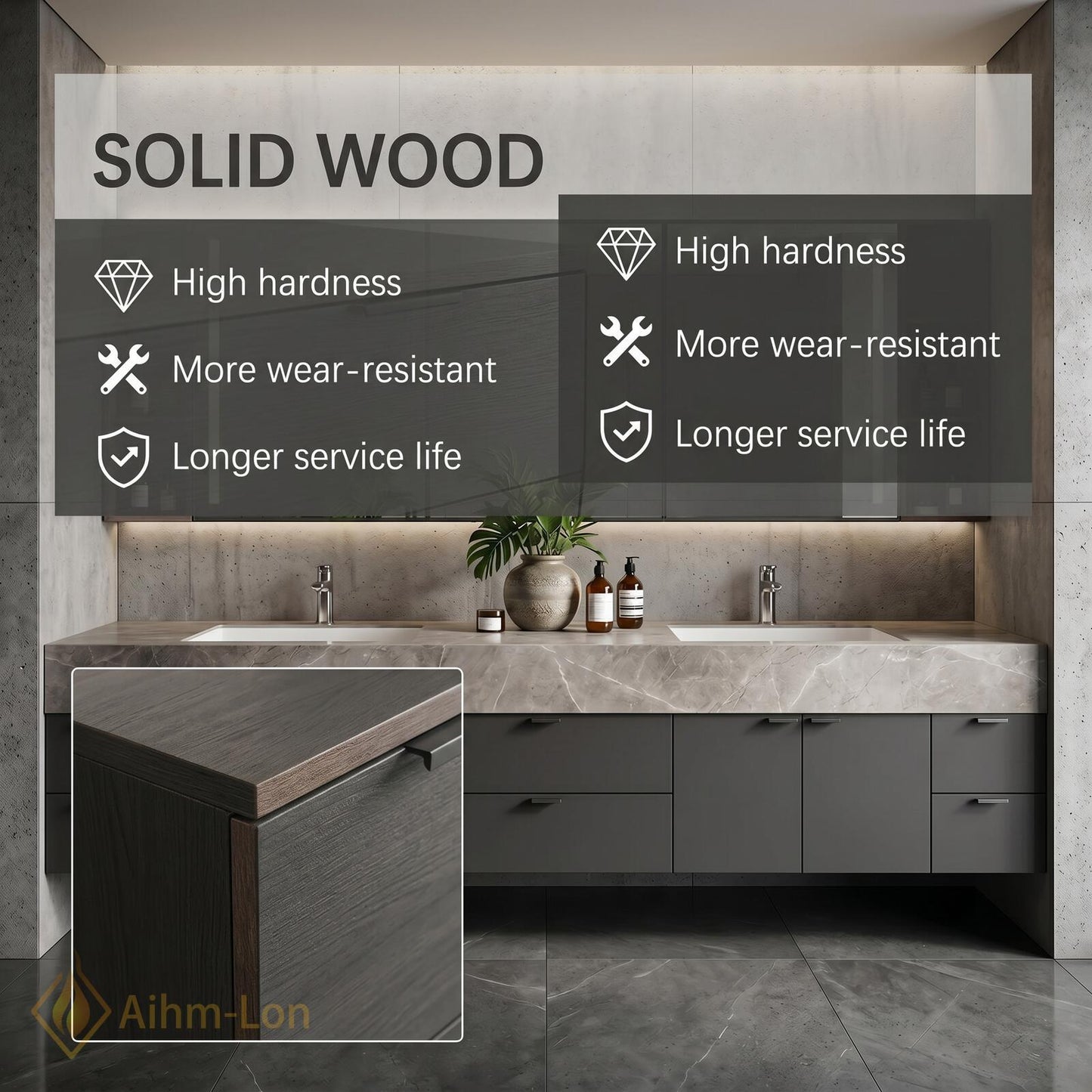 70''-96'' Double Bathroom Vanity with Sink Modern Floating Grey Marble-Look Mirror Storage