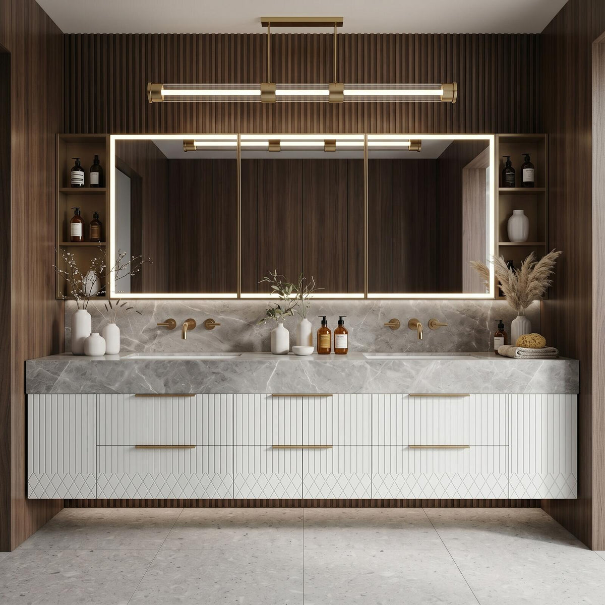 60''-96'' Double Bathroom Vanity with Sink Modern White Slat-Cut Cabinet Gray Marble Top