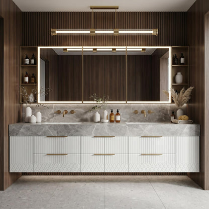 60''-96'' Double Bathroom Vanity with Sink Modern White Slat-Cut Cabinet Gray Marble Top