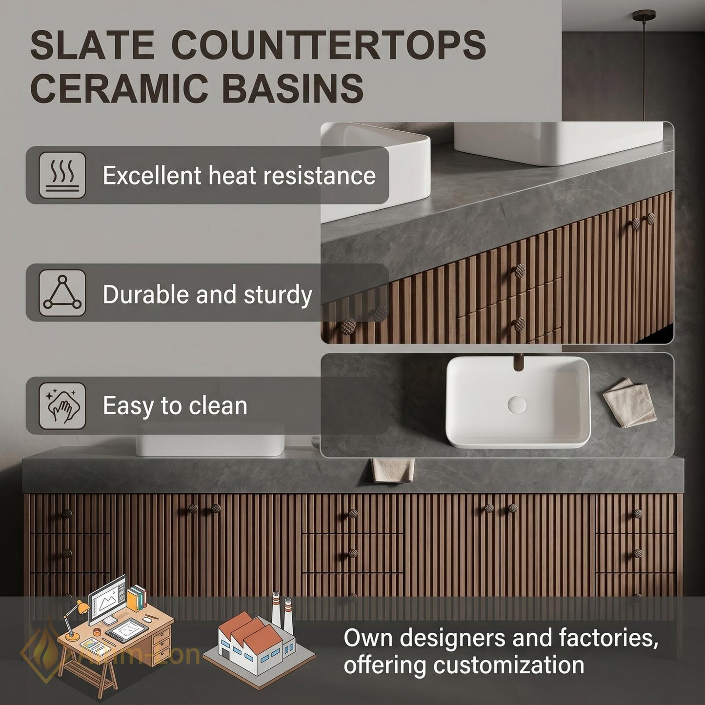 76''-96'' Modern Floating Bathroom Vanity with Sink Double Dark Walnut Slatted Panel