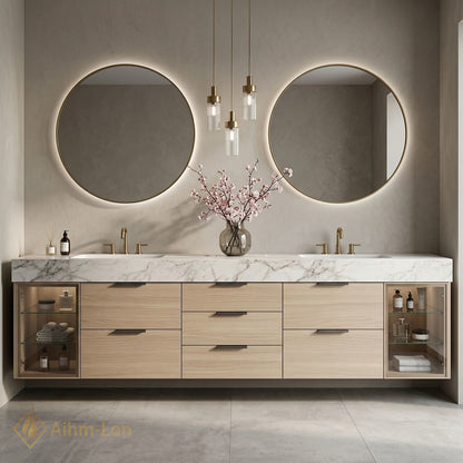 60''-96'' Double Bathroom Vanity with Sink Marble Top Glass Door Cabinets Storage