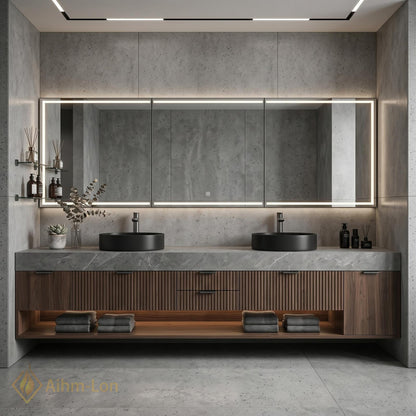 60''-96'' Double Bathroom Vanity with Sink Floating Dark Walnut Finish Modern Panel